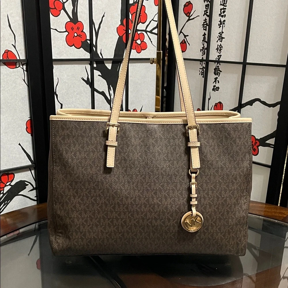 Michael Kors Brown and Beige Logo Tote with MK Charm